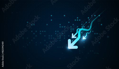 The Finance Futuristic signal trend drop down arrows in chart digital neon blue light Arrows represents digital transformation and strong Backward trends