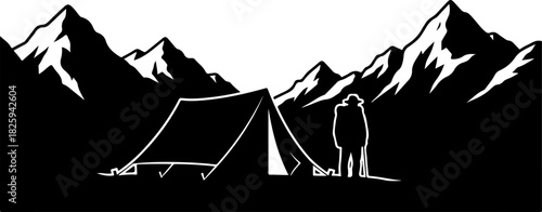 Mountain Camping Scene Silhouette – Camper, Tent, Campfire & Pine Forest