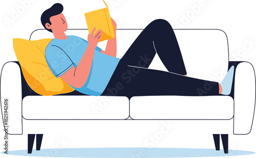 A man reclines on a sofa, engrossed in reading a book, man relaxing on sofa, enjoying leisure time