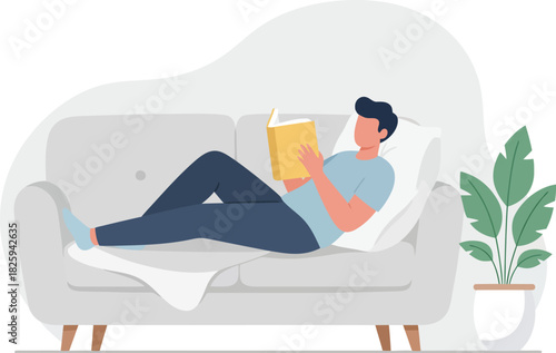 A man reclines on a sofa, engrossed in reading a book, man relaxing on sofa, enjoying leisure time