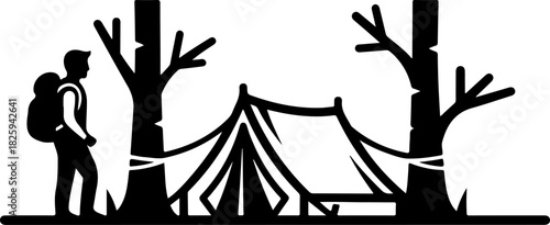 Mountain Camping Scene Silhouette – Camper, Tent, Campfire & Pine Forest
