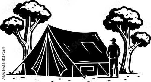 Mountain Camping Scene Silhouette – Camper, Tent, Campfire & Pine Forest