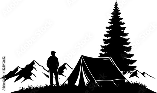 Mountain Camping Scene Silhouette – Camper, Tent, Campfire & Pine Forest