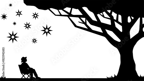 Mountain Camping Scene Silhouette – Camper, Tent, Campfire & Pine Forest