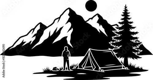 Mountain Camping Scene Silhouette – Camper, Tent, Campfire & Pine Forest