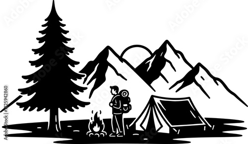 Mountain Camping Scene Silhouette – Camper, Tent, Campfire & Pine Forest