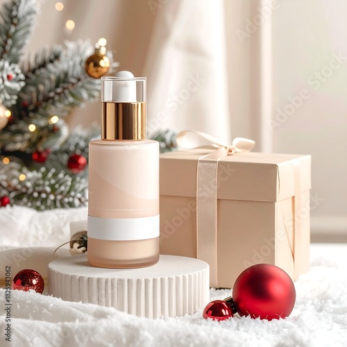 Cosmetic bottle & gift, set before a snowy Christmas tree