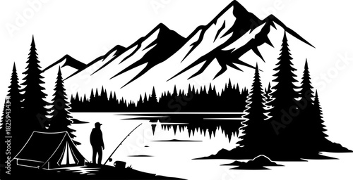 Mountain Camping Scene Silhouette – Camper, Tent, Campfire & Pine Forest
