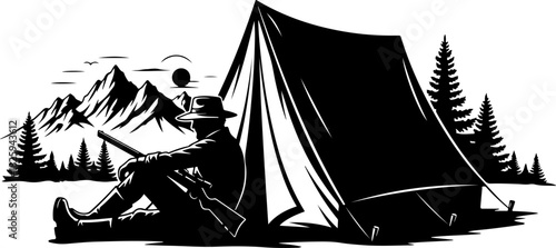 Mountain Camping Scene Silhouette – Camper, Tent, Campfire & Pine Forest
