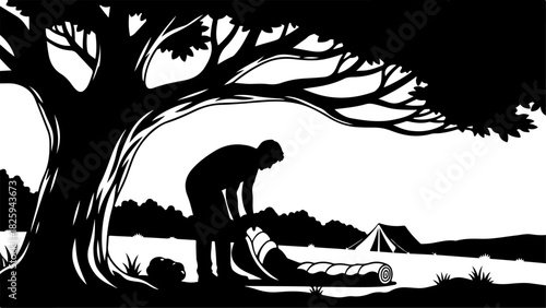 Mountain Camping Scene Silhouette – Camper, Tent, Campfire & Pine Forest
