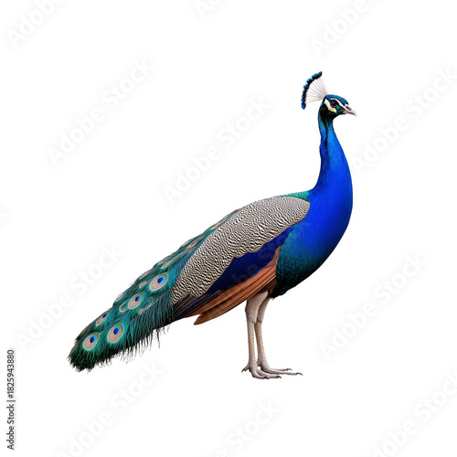 Elegant peacock standing tall against black backdrop