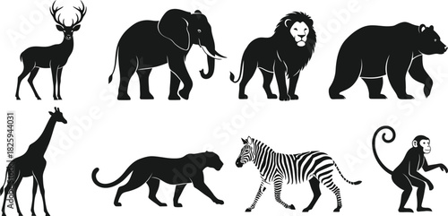 Silhouette collection of diverse wild animals