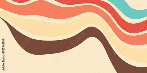 Abstract colorful 70s background vector. Vintage retro wallpaper with rainbow stripes and wavy lines. A 1970 color illustration suitable for posters, banners, decorative items and wall art.