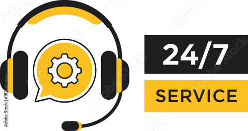 24/7 customer support service illustration, headset icon with gear symbol, technical assistance, help desk, online communication and support concept design