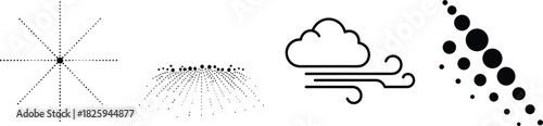 Abstract dotted geometric shapes and wind cloud line icon collection representing motion airflow particles dynamic pattern design for modern graphic illustration