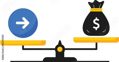 Balanced scale showing direction arrow and money bag, symbolizing financial decision making, economic comparison, business strategy, investment choice illustration
