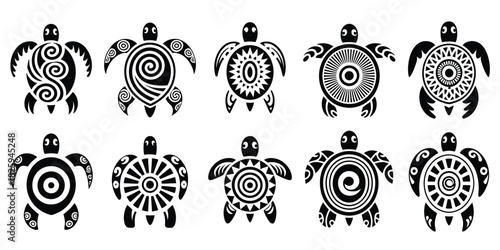 Tribal Turtle Tattoo Set Vector Illustration Featuring Ornate Maori-Inspired Designs, Black Reptile Motifs, Decorative Sacred Patterns, and Detailed Totem-Style Elements Created for Cultural Art Graph