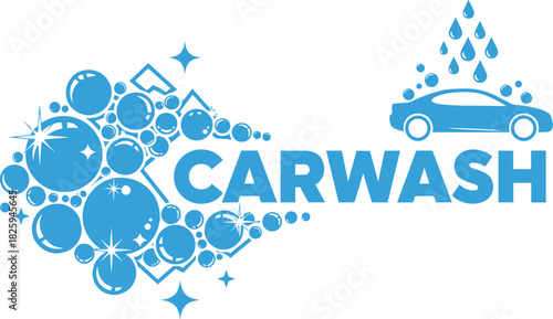 Car wash service logo design with water bubbles, cleaning foam, sparkling shine, automotive wash illustration for branding, signage, and marketing materials