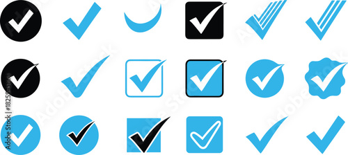 Collection of blue and black check mark icons, verification symbols, approved signs, tick mark set for branding, UI, and graphic design