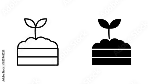 Seedling Growth in Soil Icon set. Black silhouette icon of a young plant sprout growing from soil, symbolizing agriculture, growth, sustainability, 