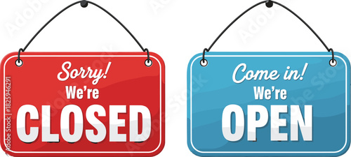 Colorful open and closed hanging signs for business shops, storefront signage illustration, retail door labels, commercial notice boards, vector design