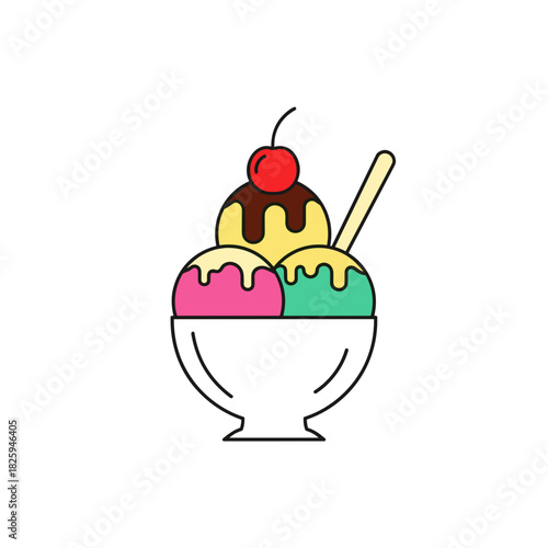 Colorful ice cream sundae with assorted scoops and cherry on top in playful design