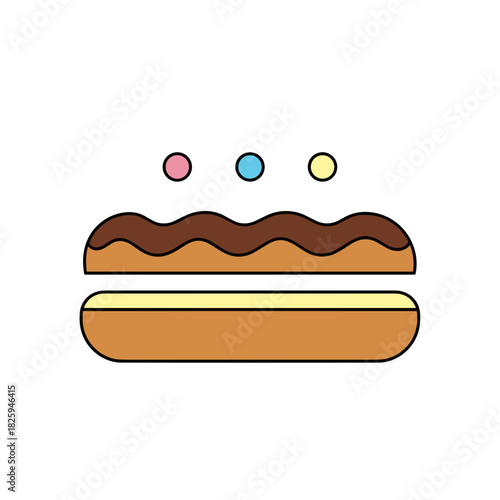 Colorful eclair pastry with chocolate icing and colorful sprinkles in playful design