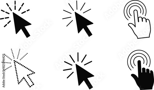 Cursor click icons and touchscreen hand gesture symbols illustrating digital interaction, user interface clicking, tapping, and pointer action for web design concepts