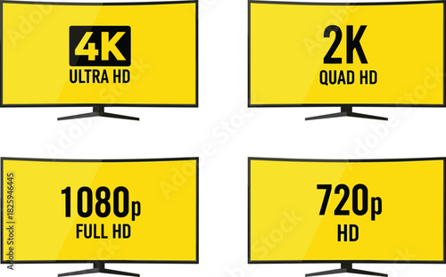 Curved monitor display resolution icons showing 4K, 2K, 1080p and 720p labels, high definition screen quality comparison graphic illustration