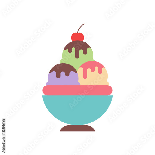 Delicious ice cream sundae with colorful scoops and cherry on top in vibrant design