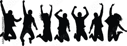 Silhouettes of happy people jumping in celebration