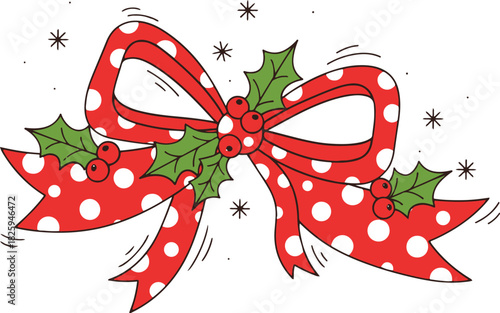 A festive flat vector illustration of a large red polka-dot Christmas bow adorned with holly leaves and berries, designed with bold outlines and movement lines