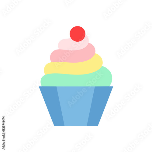 Colorful cupcake topped with swirled frosting and cherry in playful design