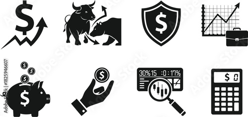 Silhouettes of financial and stock market symbol icons