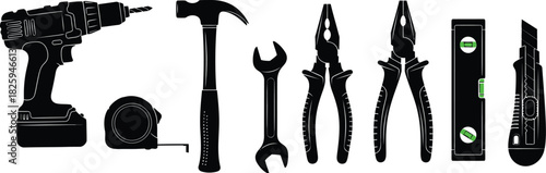Silhouettes of essential construction and DIY tools