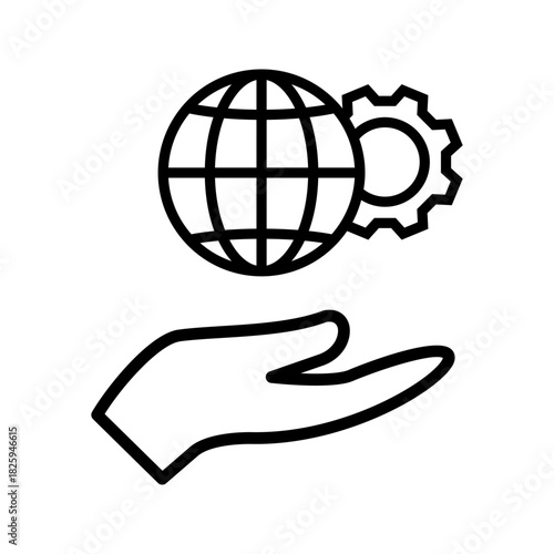 Global Support and Settings Icon  Black silhouette icon of a hand holding a globe with a gear symbol, representing global services, system configuration, technical support, and worldwide management.