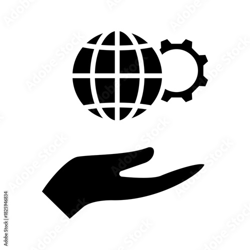Global Support and Settings Icon  Black silhouette icon of a hand holding a globe with a gear symbol, representing global services, system configuration, technical support, and worldwide management.