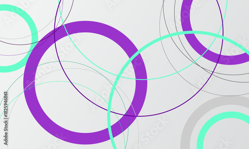 abstract green purple violet circles shape and outlines stroke overlapped on gray gradient background