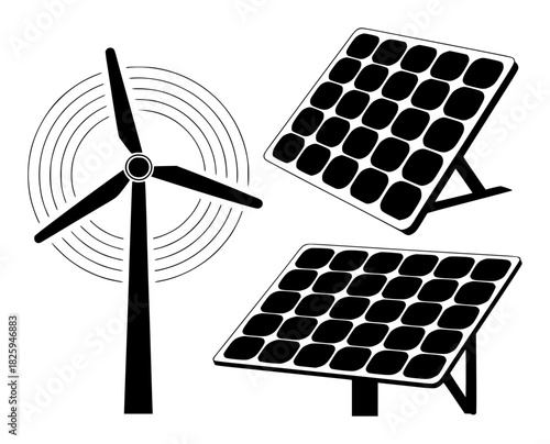 Black and White Icons of Wind Turbine and Solar Panels