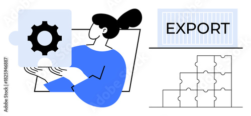 Export concept. A woman inspects a gear-shaped puzzle piece export processes. Export and trade focus on logistics management and global supply. Useful for business, trade, supply chain, exports