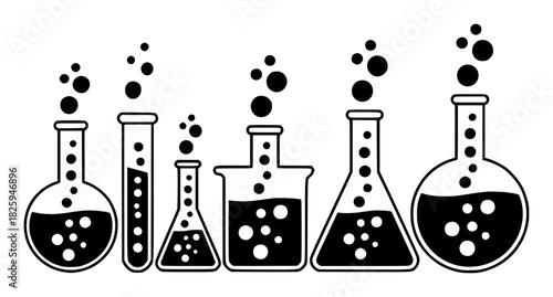 Black and White Icons of Bubbling Laboratory Glassware