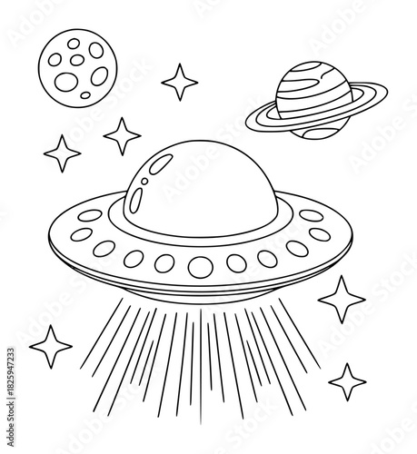 Cartoon UFO with Saturn, Moon, and Stars in Outer Space