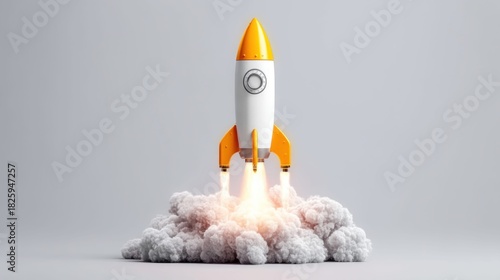 Fototapeta Naklejka Na Ścianę i Meble -  Rocket ship blasting off with smoke and flames against a neutral background