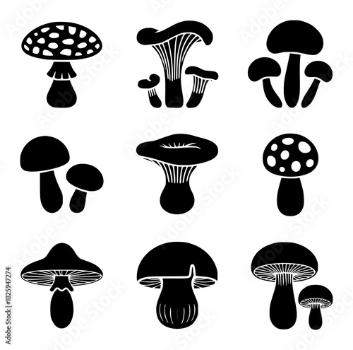 Collection of Black and White Mushroom Silhouettes