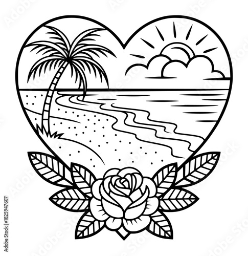 Heart-shaped beach scene with palm tree, rose, and sun