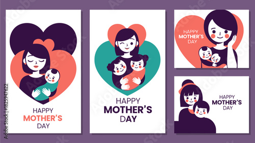 Set of 5 Minimalist Flat Design Happy Mother's Day Greeting Cards - Heart Love Illustration