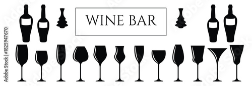 Handdrawn Wine Glass and wine bottle set