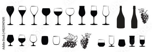 Handdrawn Wine Glass and wine bottle set