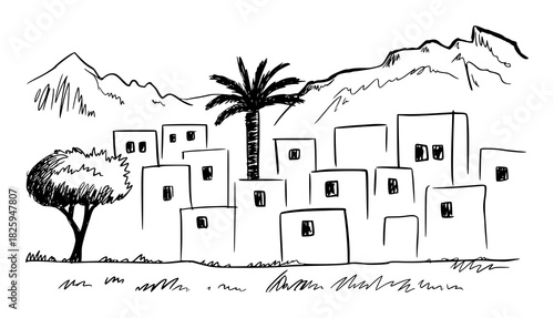 Sketch of a desert village with mountains and palm tree