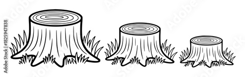 Three cartoon tree stumps of varying sizes with grass